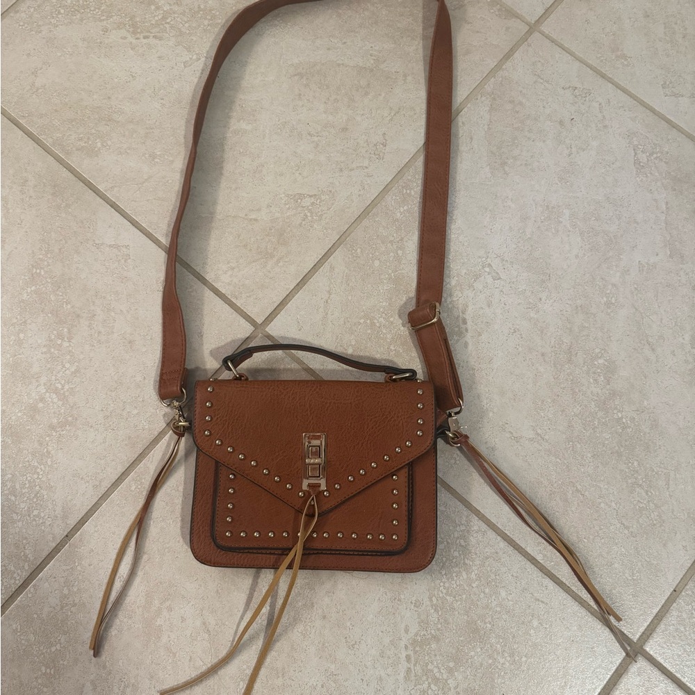 Brown Metallic Studded Crossbody Bag with Fringe